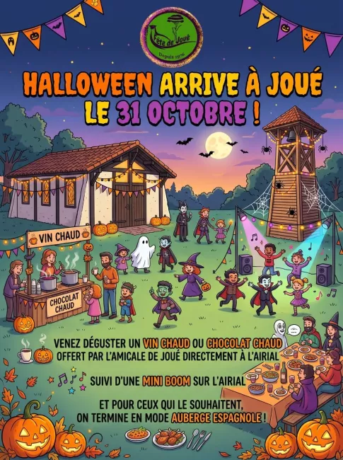 Affiche Halloween à Joué le 31 octobre : vin chaud ou chocolat chaud offert par l'Amicale de Joué à l'airial, mini boum et auberge espagnole