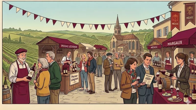 Une fête du vin dans un village. Sur le côté gauche de l'image, des vignes à perte de vue. Au loin une église et devant nous des exposants le long d'une rue qui présentent leurs produits aux passants.
