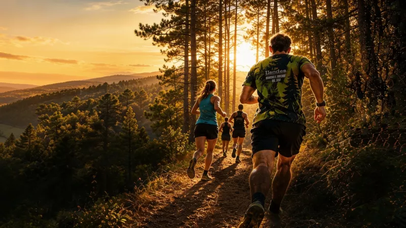 Des sportifs vus de dos courant dans la forêt landaise. Au loin, le soleil se couche.