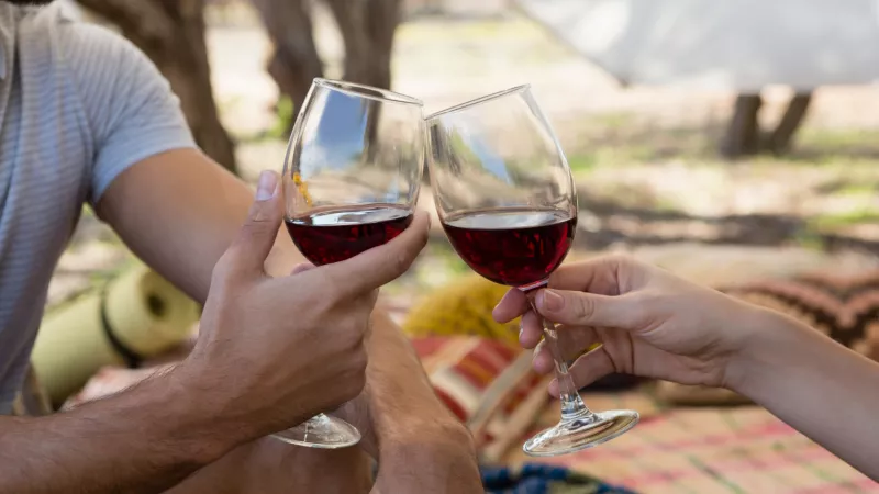 2 personnes trinquent avec des verres de vin rouge